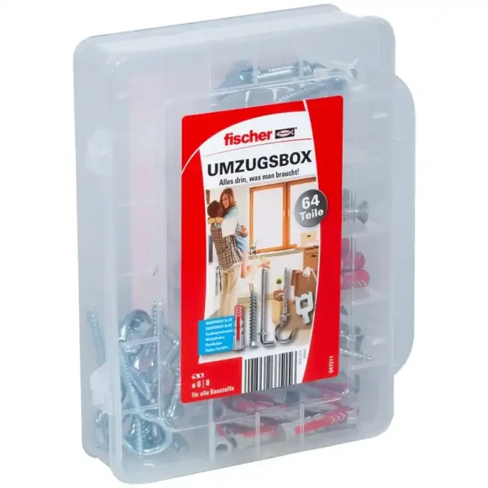 fischer Umzugsbox Dübelsortiment Universaldübel DuoPower mit Schrauben und Haken