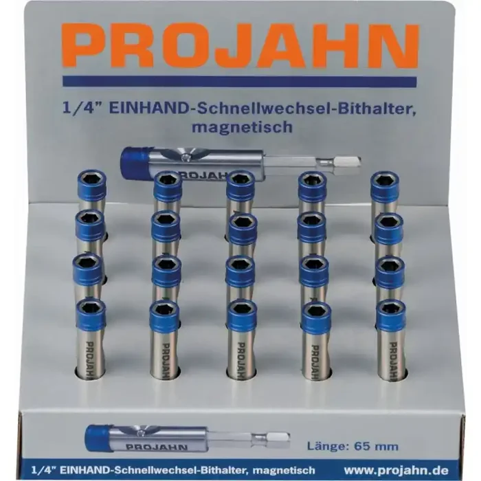 Projahn Display 20x Einhand-Bit-Halter mit Schnelllöseknopf Form E magnetisch 1/4″ 65 mm