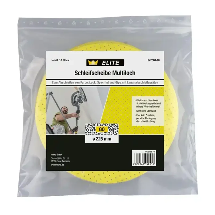 Schleifscheiben 225 mm Edelkorund mit Multilochung, 3 mm Klettvlies, Körnung 80 – 10er-Pack