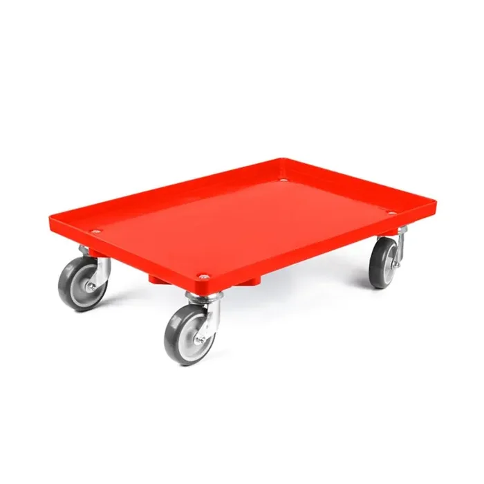 Transportroller 600x400mm geschlossener Boden mit 4 Gummi Lenkrollen – Rot