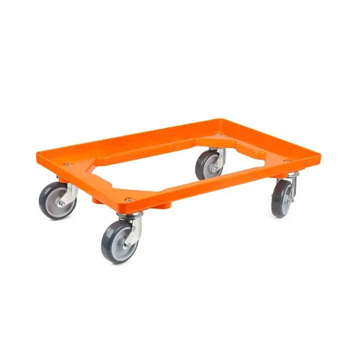 Transportroller 600x400mm offener Boden mit 4 Gummi Lenkrollen – Orange