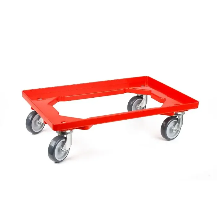 Transportroller 600x400mm offener Boden mit 4 Gummi Lenkrollen – Rot